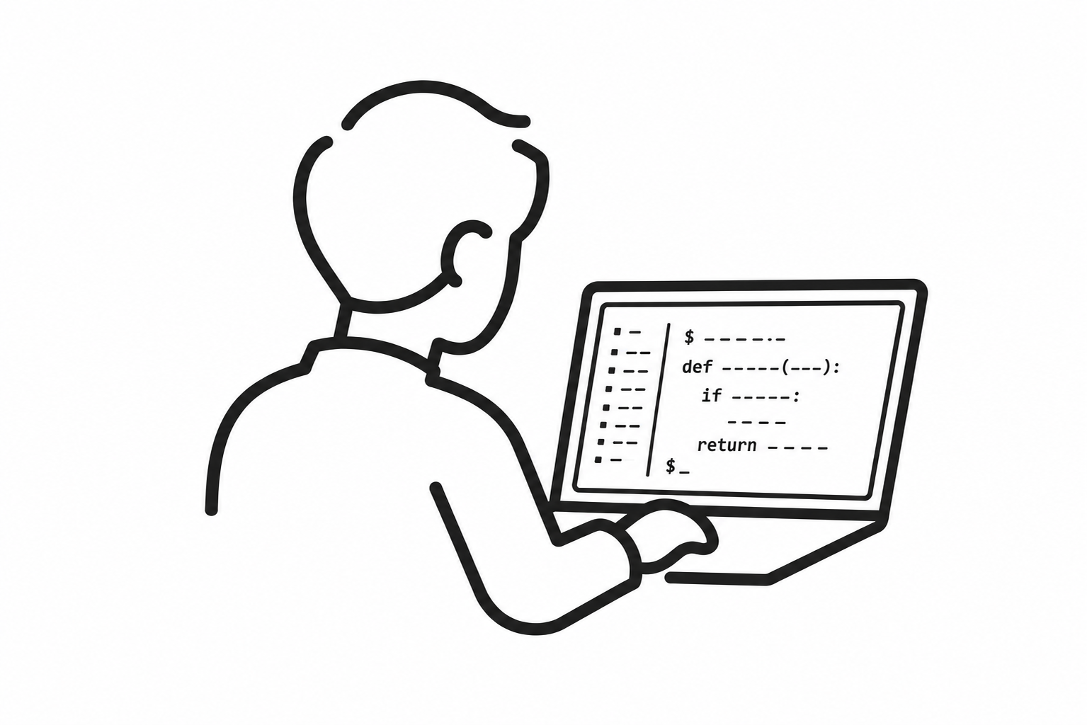 ノートPCでコードを書く人物の線画